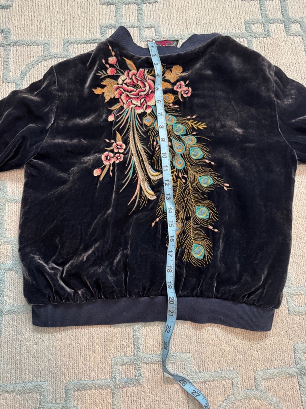 Johnny Was velvet Navy Jacket with Fuchsia & Yellow Embroidered Floral Patch - Picture 6 of 8